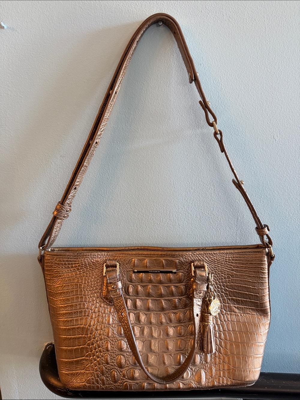 Brahmin Metallic Bronze Croc-Embossed Shoulder Bag